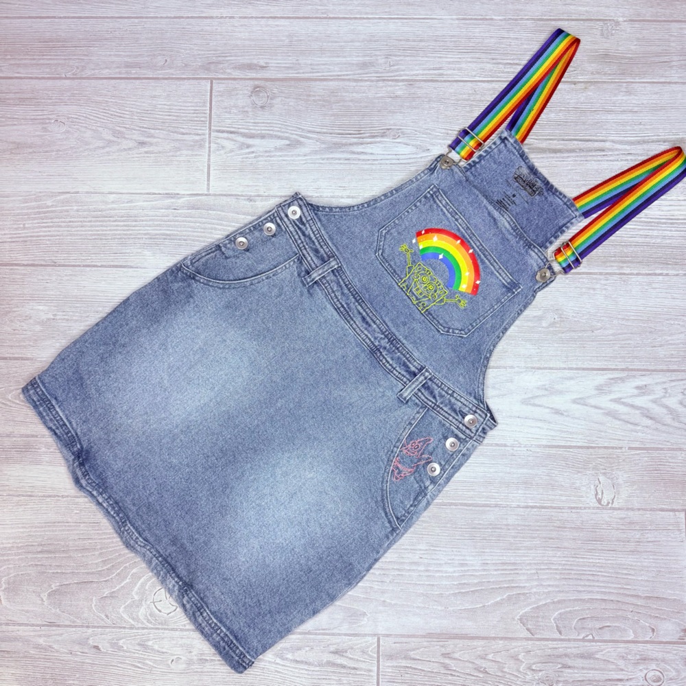 Rare SpongeBob Womens Pride Rainbow Denim Overall Skirt Jean Dress m Hot Topic